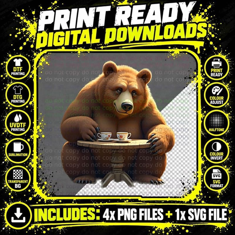 Grizzly Bear Tea Party T-Shirt Png SVG Digital Bundle