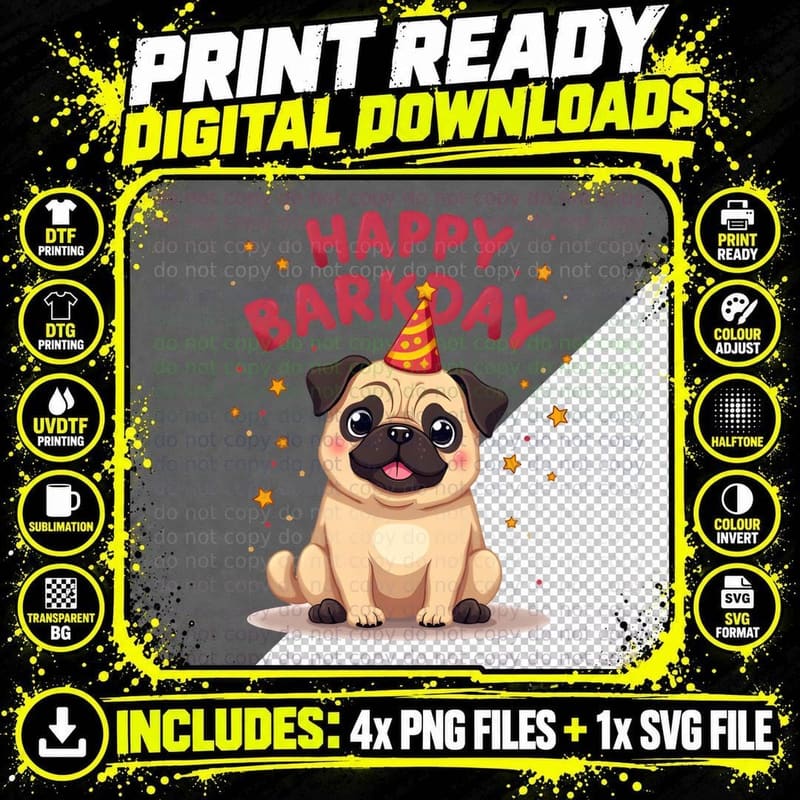 Happy Barkday Dog T-Shirt, Pug Birthday Gift for Kids Png SVG Digital Bundle
