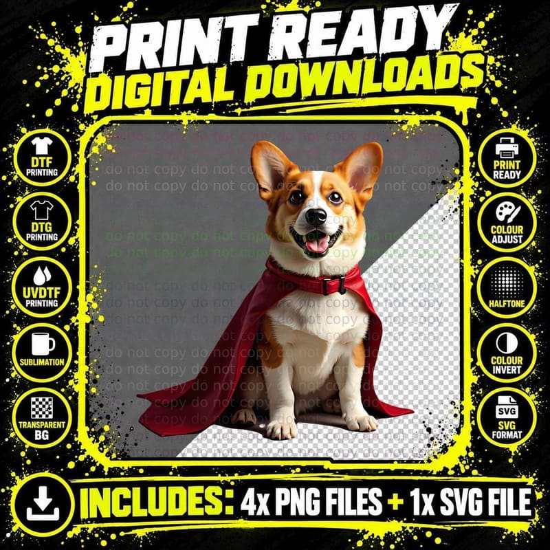 Happy Corgi Dog with Red Cape Superhero Funny Dog Lover Png SVG Digital Bundle