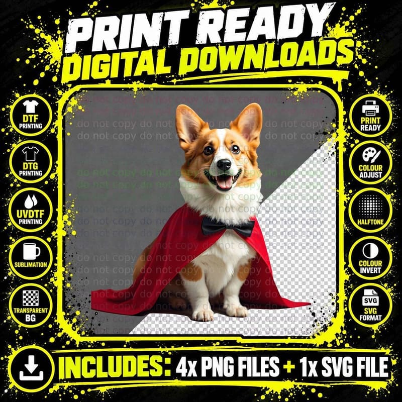 Happy Corgi Dog with Red Cape and Bow Tie Cute Superhero Png SVG Digital Bundle
