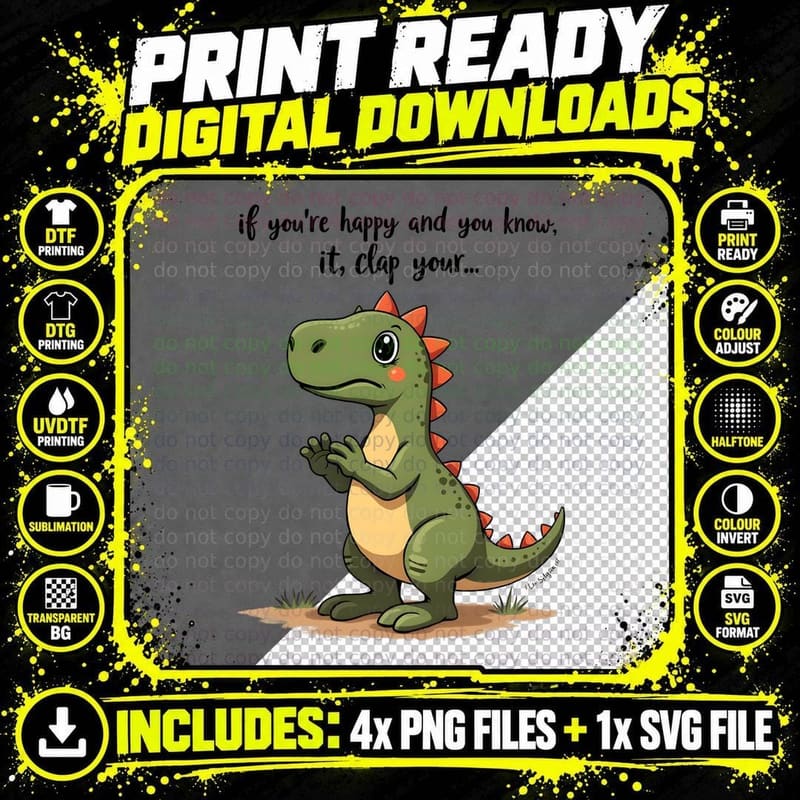 Happy Green Dinosaur Funny Quote T-Shirt Png SVG Digital Bundle
