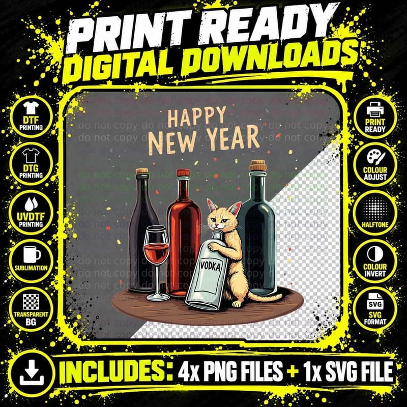 Happy New Year 2026 Wine Cat Funny Vodka Drinking T-Shirt Png SVG Digital Bundle