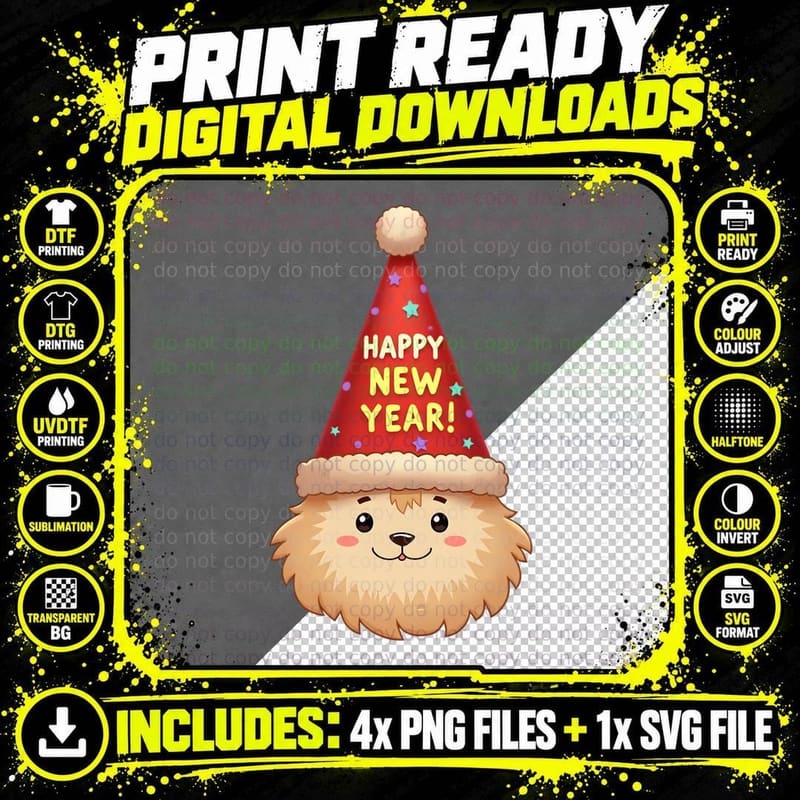 Happy New Year Cat, Cute Party Cat, New Year Gift T-Shirt Png SVG Digital Bundle