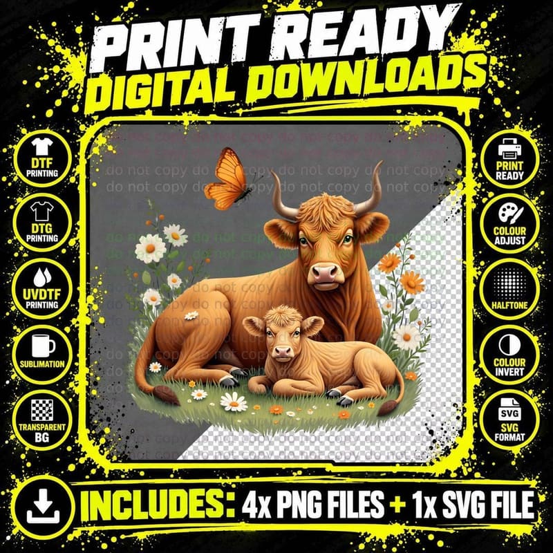 Highland Cow & Calf with Flowers T-Shirt Png SVG Digital Bundle