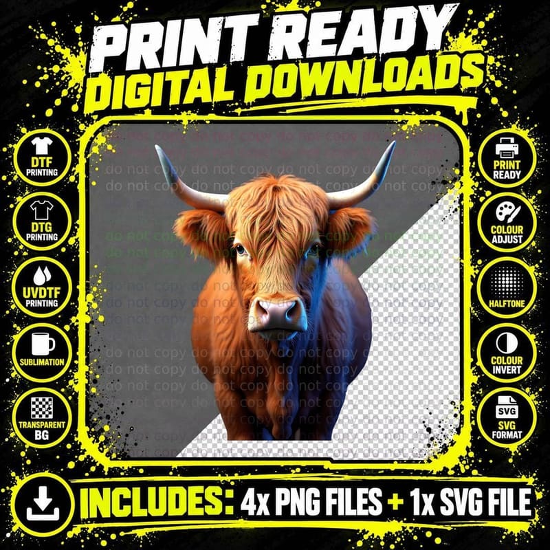 Highland Cow Blue Highlighted Realistic Animal Print Png SVG Digital Bundle