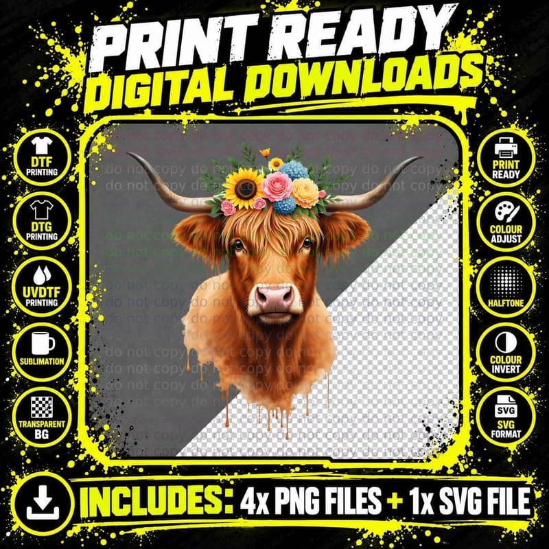 Highland Cow Floral Crown Watercolor T-Shirt Png SVG Digital Bundle