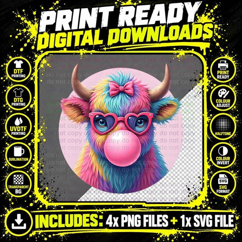 Highland Cow Rainbow Bubblegum Cute Animal Heart Glasses Png SVG Digital Bundle
