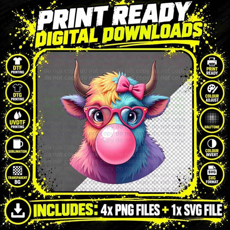 Highland Cow Rainbow Bubblegum Heart Glasses Cute Animal Png SVG Digital Bundle