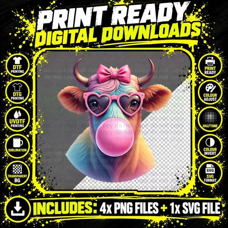 Highland Cow Rainbow Bubblegum Heart Glasses Pink Bow Png SVG Digital Bundle