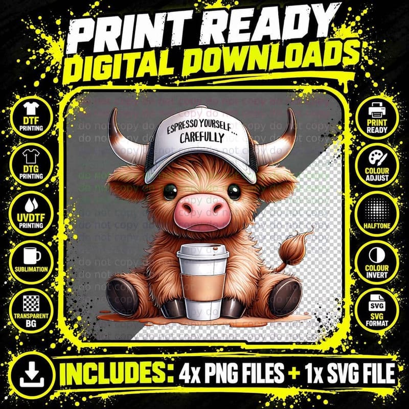 Humorous Espresso Yourself Carefully Highland Cow Coffee Png SVG Digital Bundle