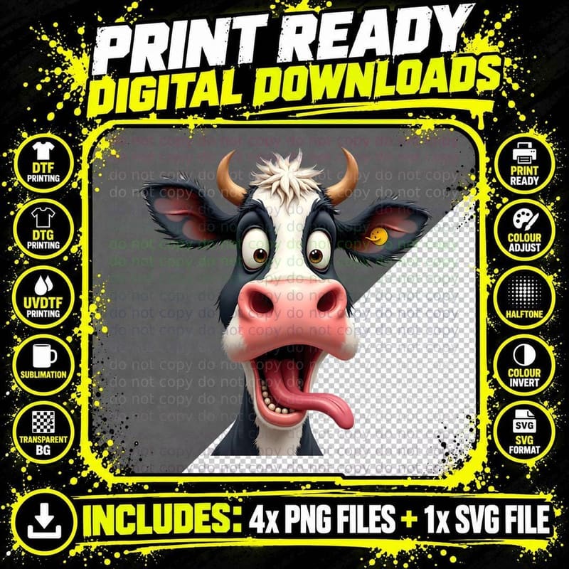 Humorous Holstein Cow Expression T-Shirt Png SVG Digital Bundle
