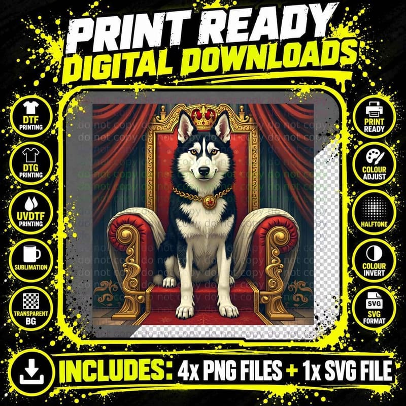 Husky Dog King on a Dog Bed T-Shirt Png SVG Digital Bundle