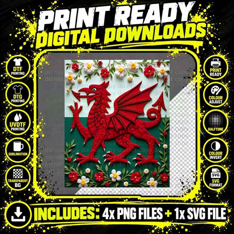Intricate Floral Welsh Dragon Flag T-Shirt Png SVG Digital Bundle