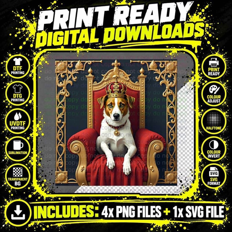 Jack Russell King on Dog Bed Throne T-Shirt Png SVG Digital Bundle