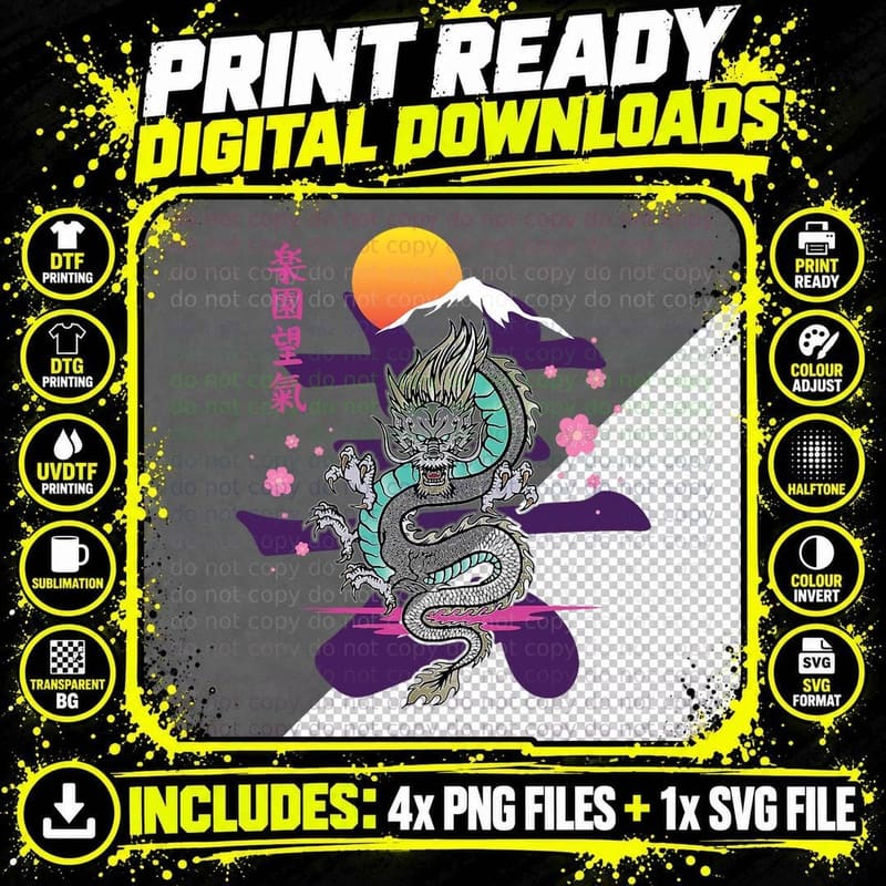 Japanese Dragon Asia Tattoo T-Shirt Png SVG Digital Bundle