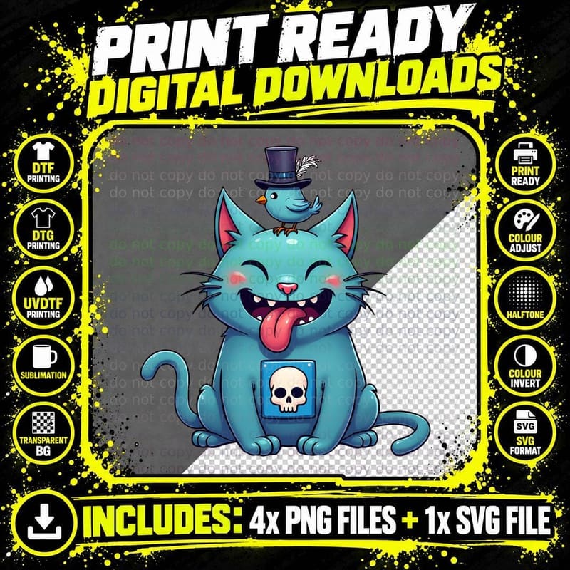 K-Pop Inspired Blue Tiger Skull Tongue Bird Top Hat Png SVG Digital Bundle