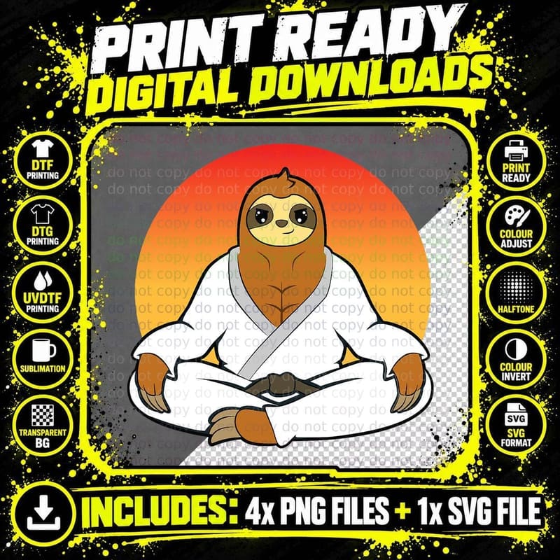 Karate Master Martial Arts Jiu Jitsu Sloth T-Shirt Png SVG Digital Bundle