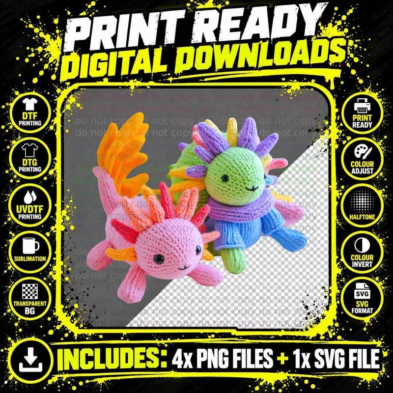 Knitted Axolotl Toy Pair Pink Green Sweater T-Shirt Png SVG Digital Bundle