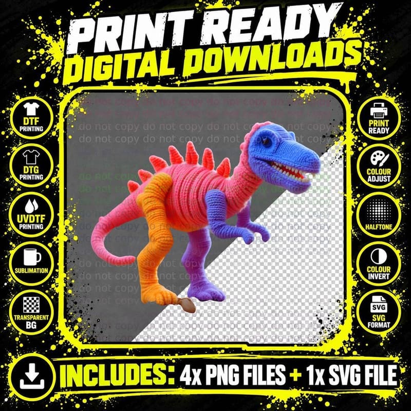 Knitted Dinosaur Gradient Colors Toy Plushie T-Rex Png SVG Digital Bundle