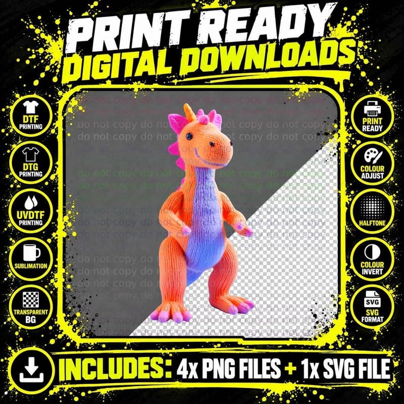 Knitted Dinosaur Stuffed Toy Plushie Colorful Gradient Png SVG Digital Bundle