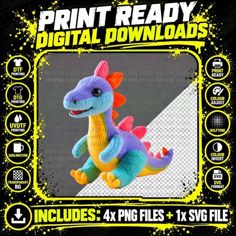 Knitted Rainbow Dinosaur Colorful Toy Plushie Gift Idea Png SVG Digital Bundle
