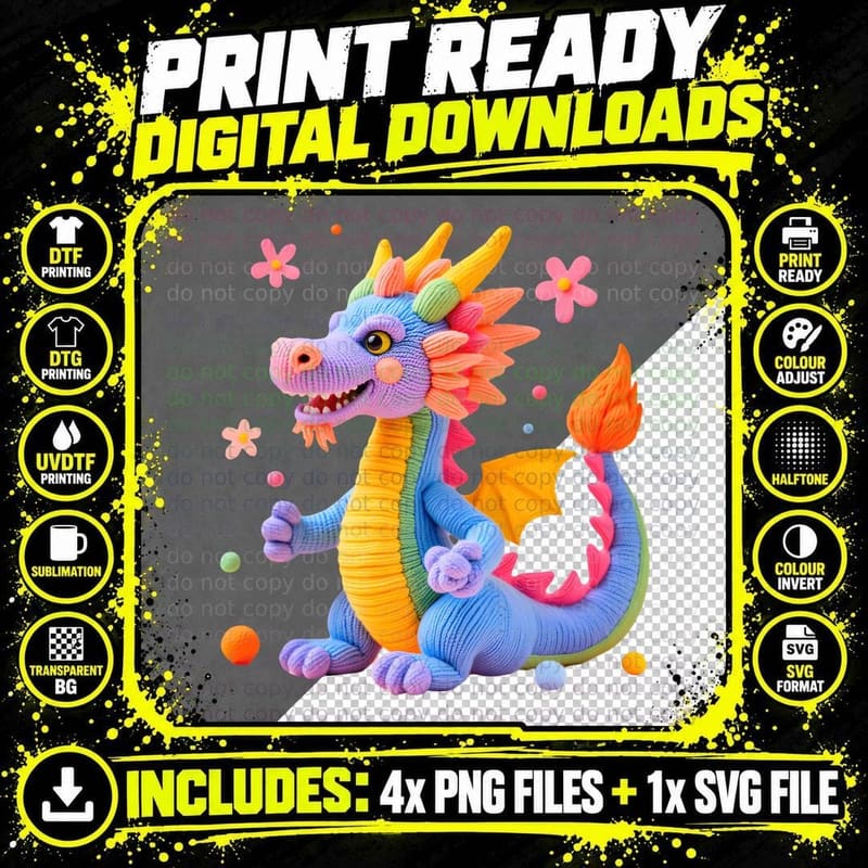 Knitted Rainbow Dragon Fantasy Colorful T-Shirt Png SVG Digital Bundle