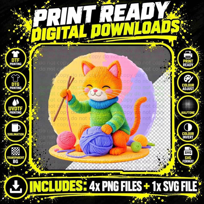 Knitting Cat 3D Cartoon Orange Cat Sweater Yarn Ball Png SVG Digital Bundle