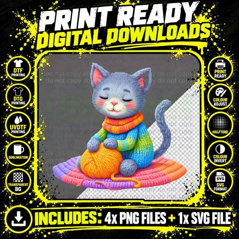 Knitting Cat Pastel Rainbow Sweater Yarn Ball Cute Kitty Png SVG Digital Bundle