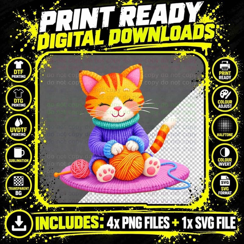 Knitting Orange Tabby Cat Purple Sweater Cute Kitty Png SVG Digital Bundle