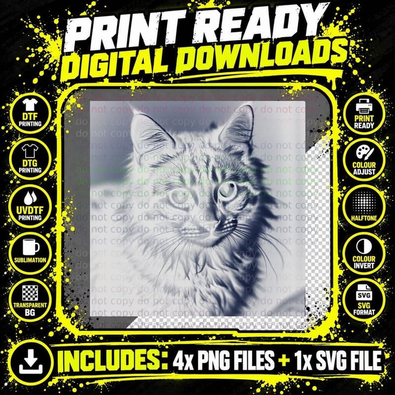 Long Haired Tabby Cat Black White Gaze Portrait Animal Png SVG Digital Bundle