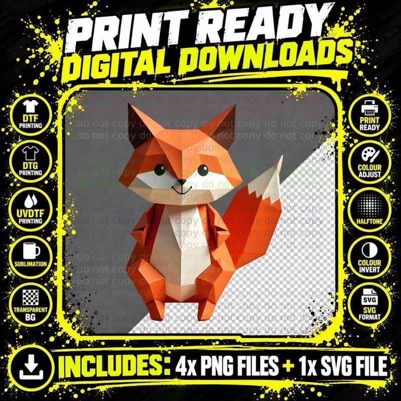 Low-Poly 3D Cartoon Fox Smiling Fox Geometric Animal Art Png SVG Digital Bundle