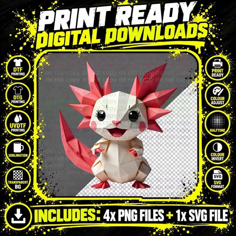 Low-Poly Axolotl Geometric Animal Cute Cartoon T-Shirt Png SVG Digital Bundle