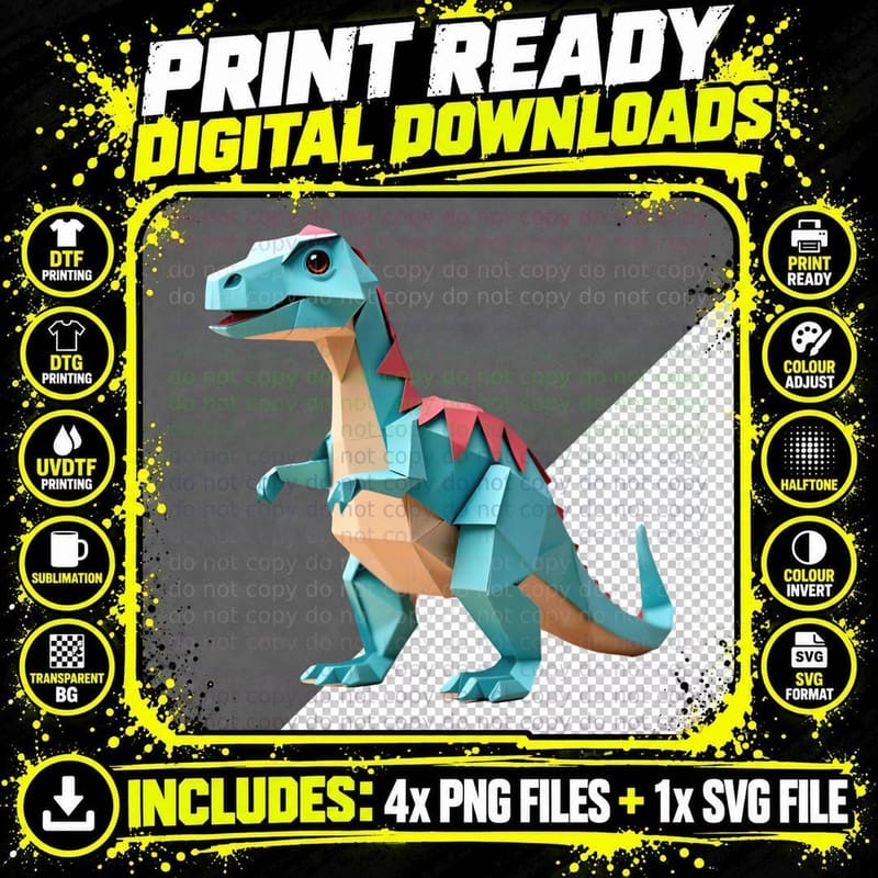 Low-Poly T-Rex Geometric Dinosaur Modern Stylized Art Png SVG Digital Bundle
