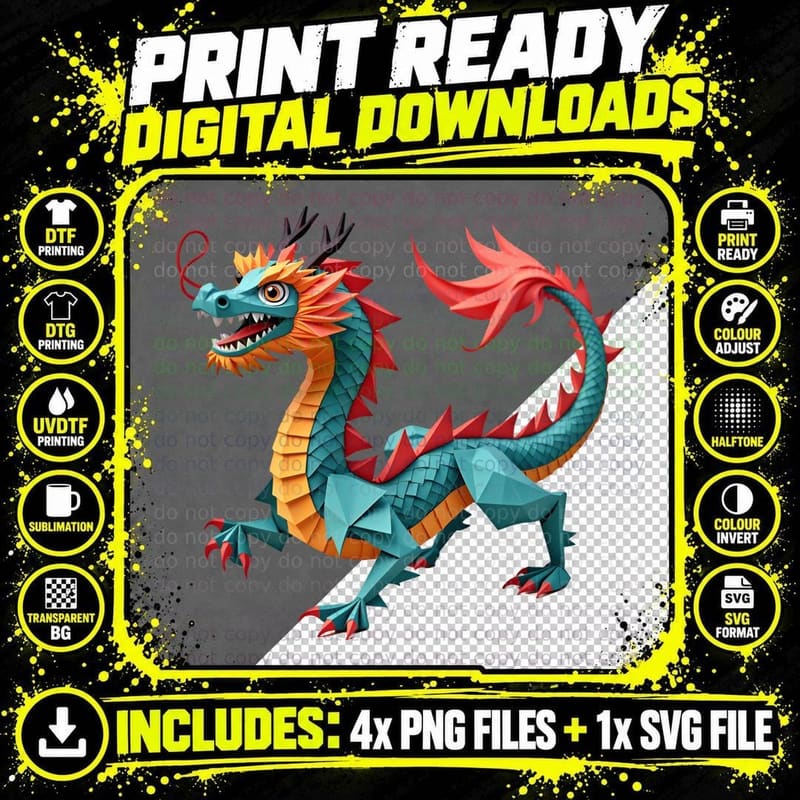 Low-Poly Teal Dragon Orange Underbelly Red Ribbon Spiky Png SVG Digital Bundle