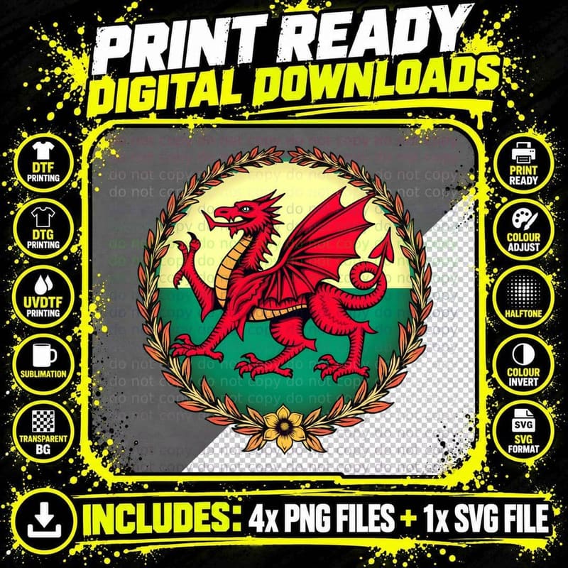 Majestic Red Dragon, Welsh Flag Inspired Graphic Png SVG Digital Bundle