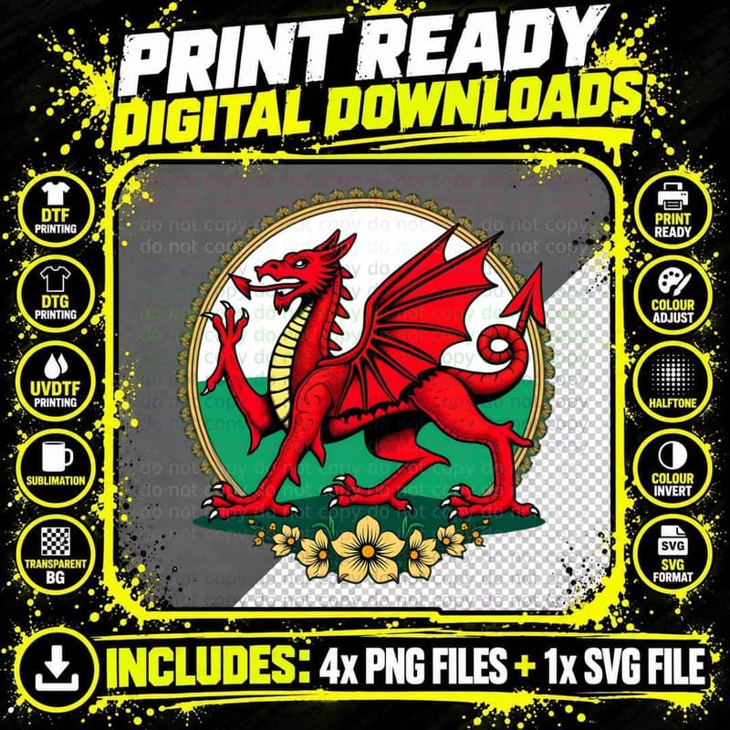 Majestic Red Dragon, Welsh Flag Inspired Graphic Png SVG Digital Bundle