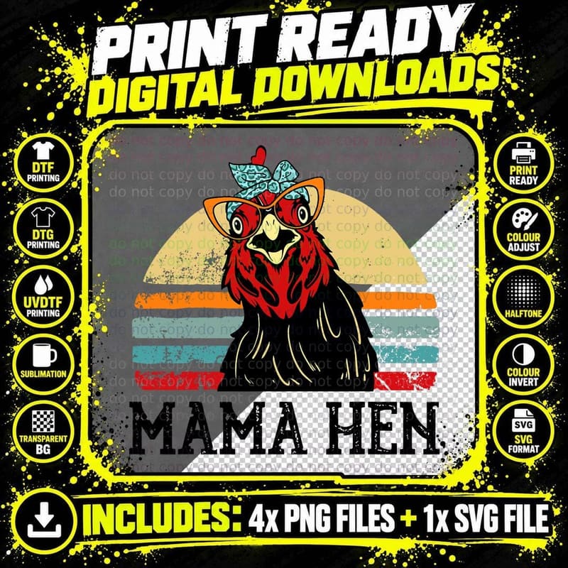 Mama Hen-Shirt Vintage Retro Chicken Mom Funny Farm Png SVG Digital Bundle