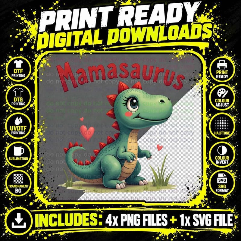 Mamasaurus Cute Dinosaur with Hearts Mother's Day Funny Png SVG Digital Bundle