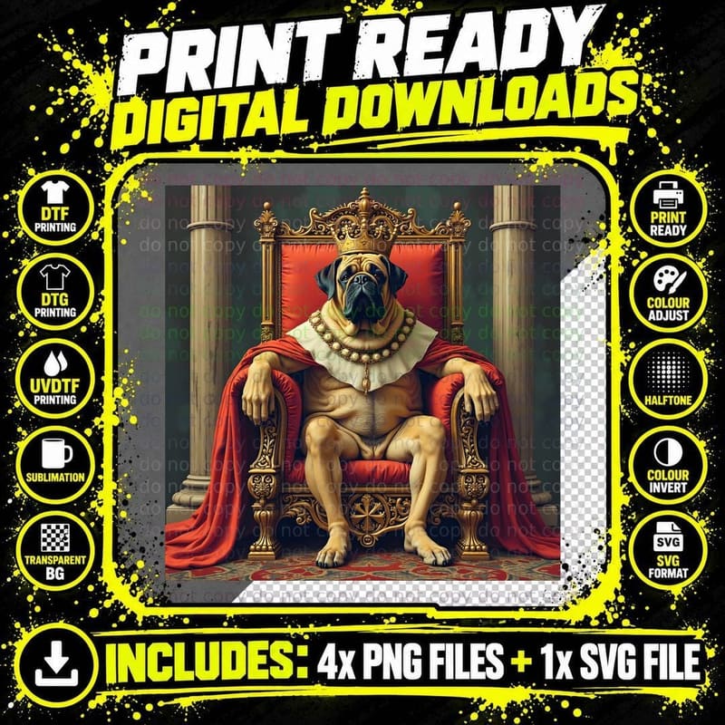 Medieval Mastiff King on a Dog Bed Throne T-Shirt Png SVG Digital Bundle