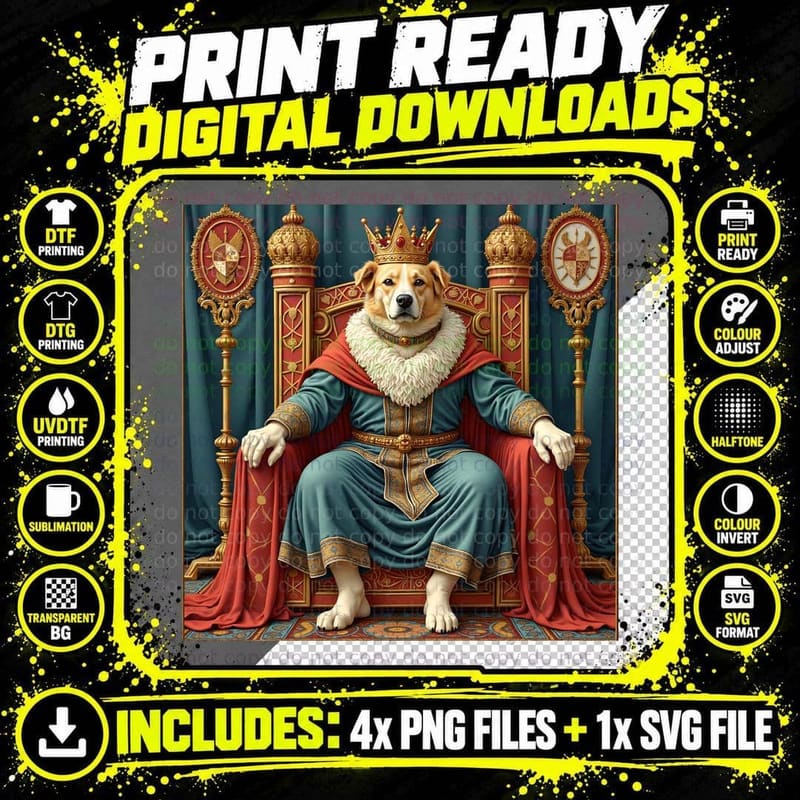 Medieval Tapestry Dog King T-Shirt Png SVG Digital Bundle