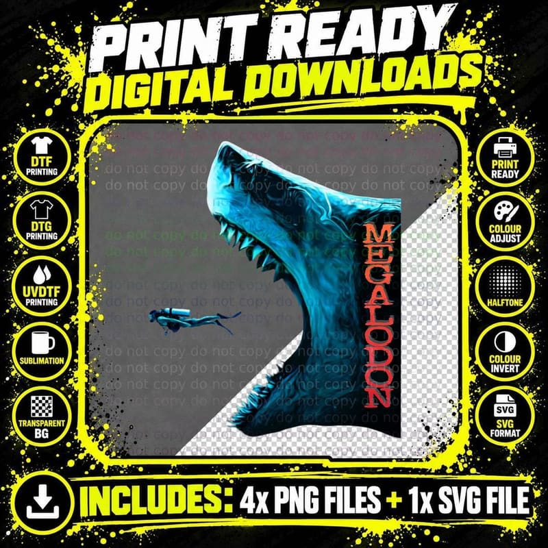 Megalodon Primeval Shark Dorsal Finth Ocean Predator Png SVG Digital Bundle