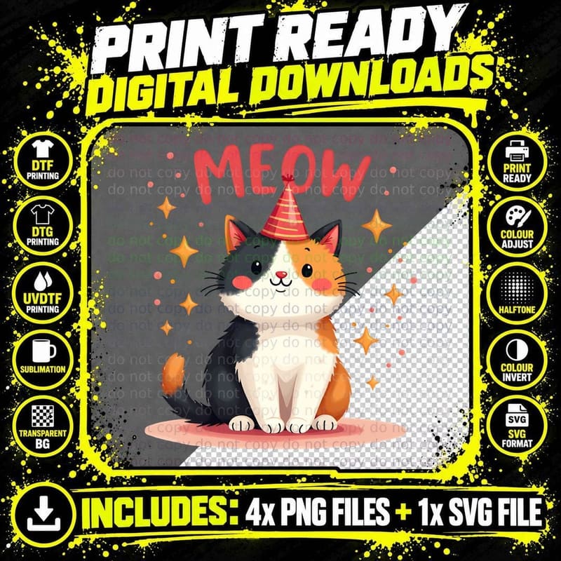 Meow Birthday Cat Shirt, Funny Pet Lover Gift for Kids Png SVG Digital Bundle