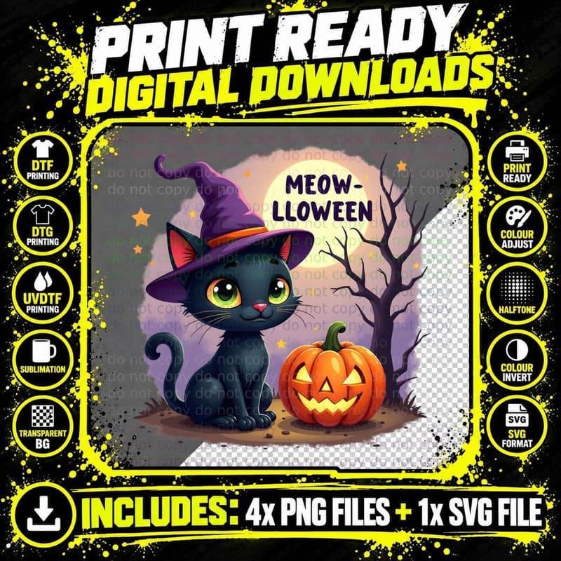 Meow-Lloween Cat Tee, Cute Witchy Pet Lover Gift T-Shirt Png SVG Digital Bundle