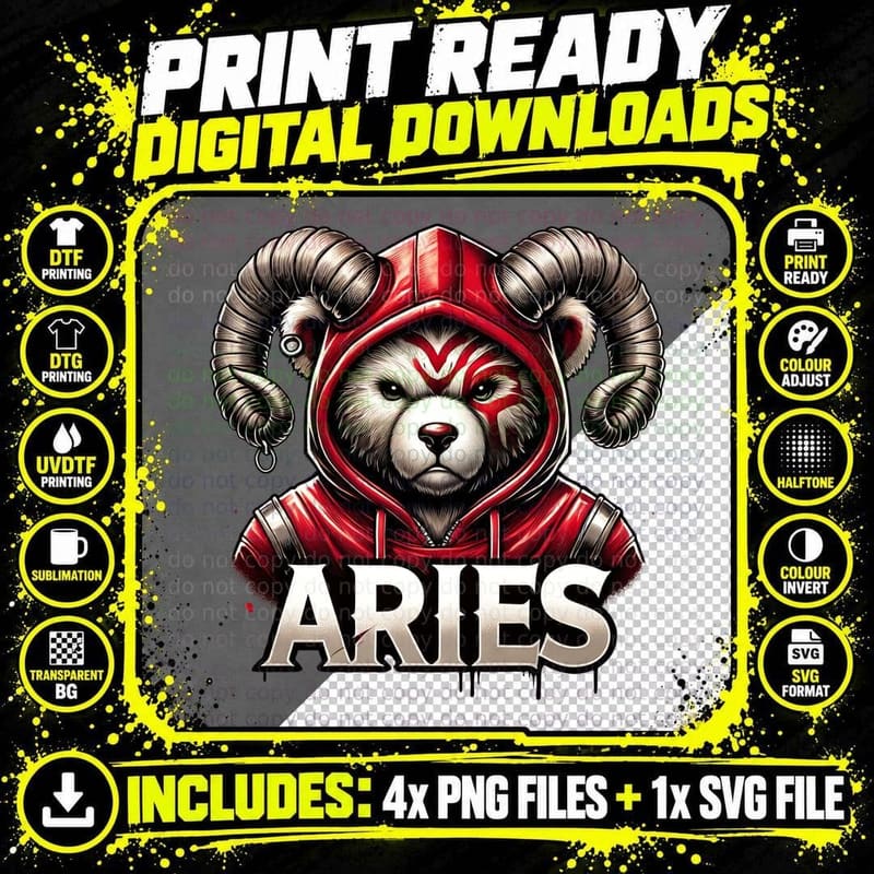 Mighty Bear in Red Hoodie Ram Horns Aries Zodiac Sign Png SVG Digital Bundle