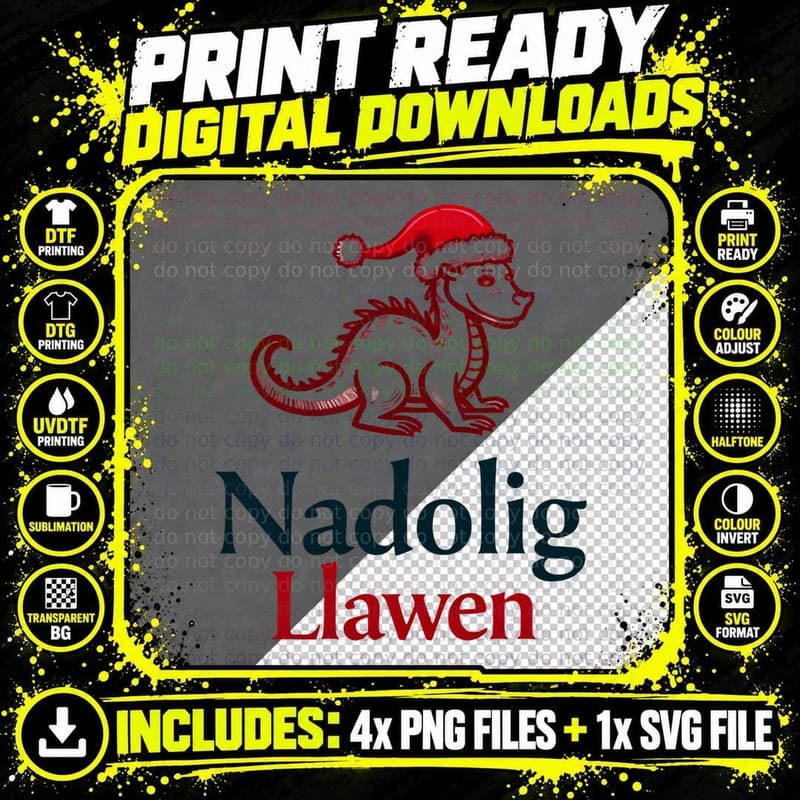 Minimalist Welsh Dragon Nadolig Llawen T-Shirt Png SVG Digital Bundle