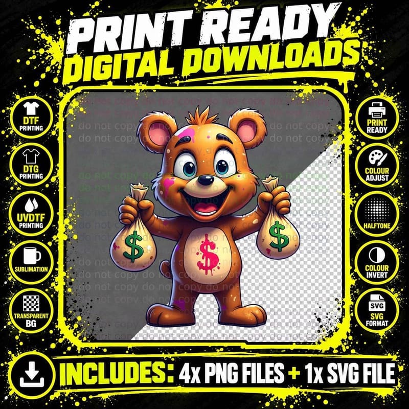 Money Bags Bear, Funny Cartoon Bear, Splatter Paint Png SVG Digital Bundle