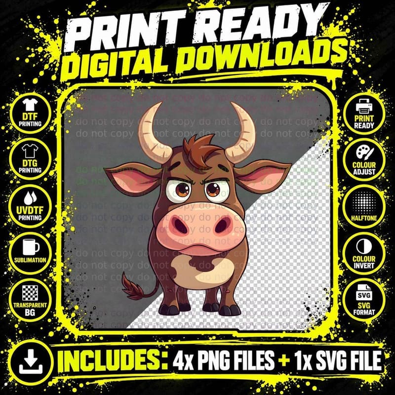 Moody Cow with a Scowling Face and Golden Horns Graphic Png SVG Digital Bundle