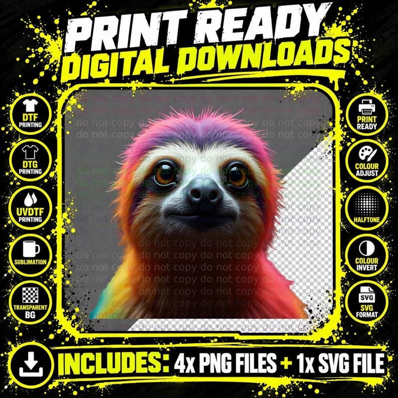 Multicolor Sloth Face Rainbow Fur Vibrant Animal T-Shirt Png SVG Digital Bundle