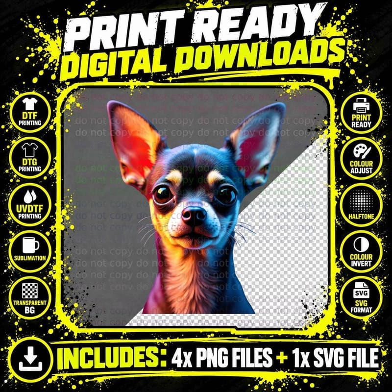 Multicolored Chihuahua Dog Colorful Neon Glow Animal Png SVG Digital Bundle