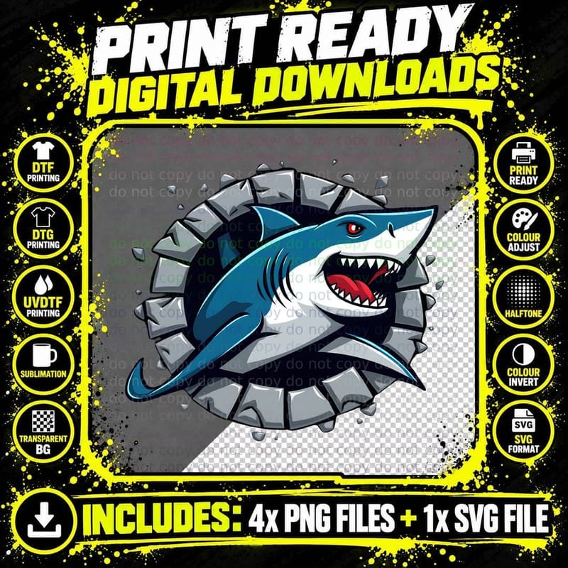 Muscular Shark Bursting Through Wall Graphic T-Shirt Png SVG Digital Bundle
